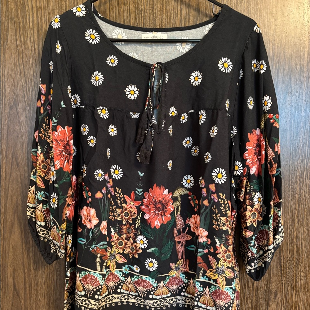 NATURAL LIFE Black Blouse with Red and White Floral Design